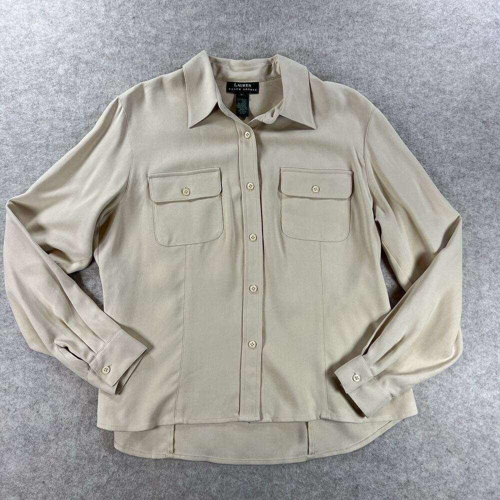 Lauren Ralph Lauren 100% Silk Utility Pocket Blouse Beige Tan Size 12